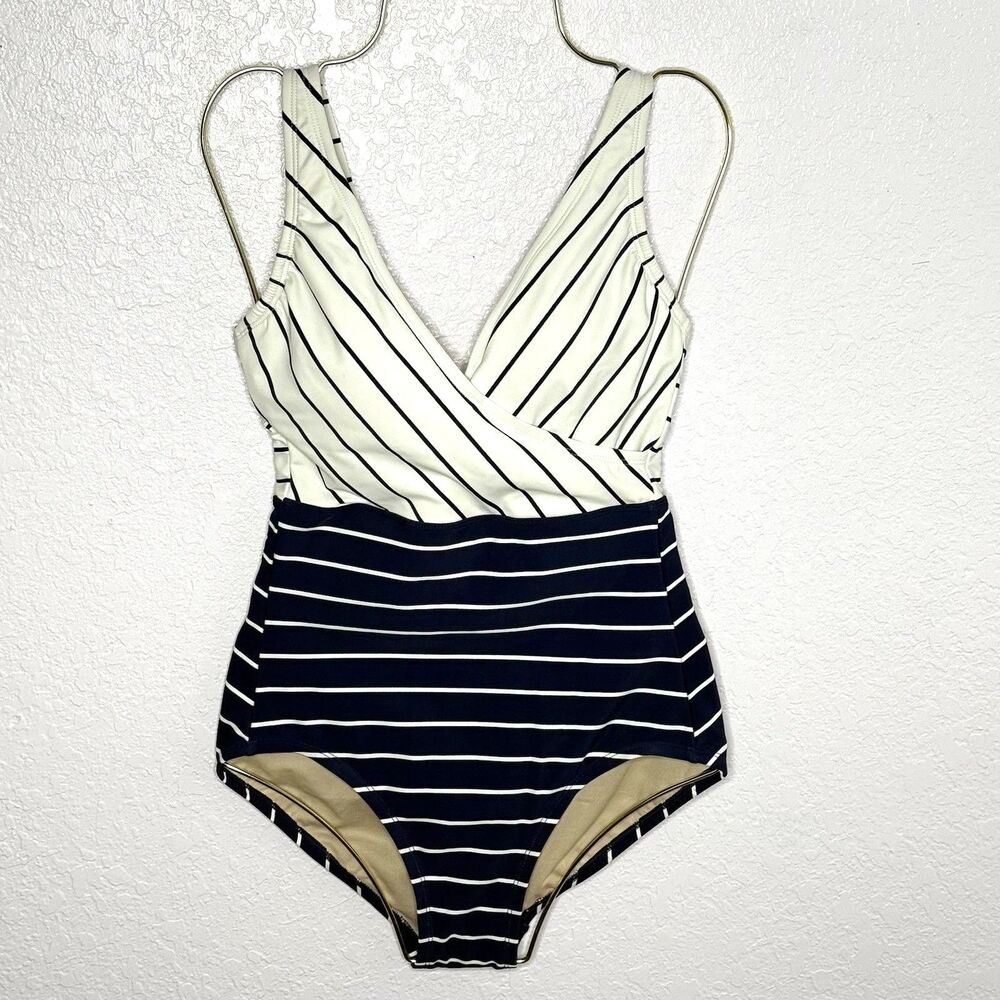 Kona Sol Navy Striped V-Neck Full Coverage One Piece Swimsuit Size S (4-6) New!
